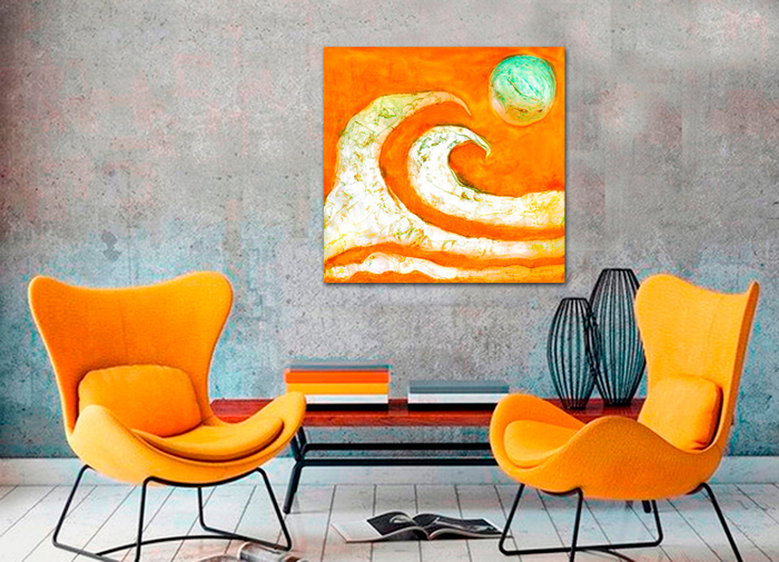 Tableau abstrait vague et lune orange