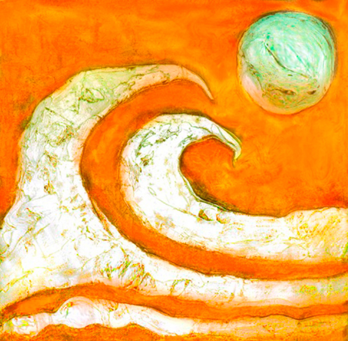 Tableau abstrait vague et lune orange