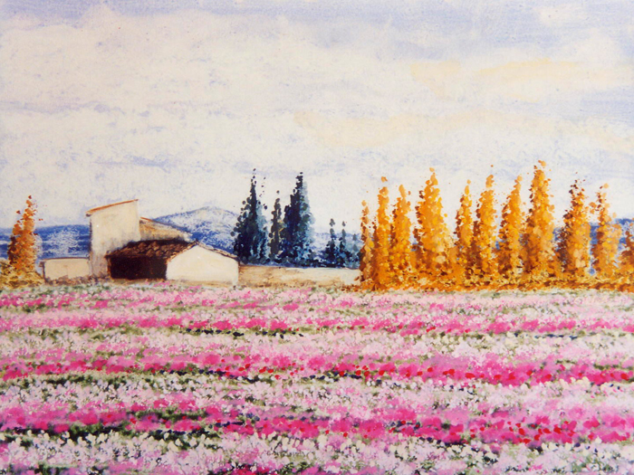 Tableau paysage maison avec fleurs
